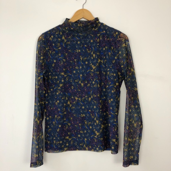 Anthropologie Patterned Mesh Turtleneck Top Blue Size Medium - Picture 2 of 4